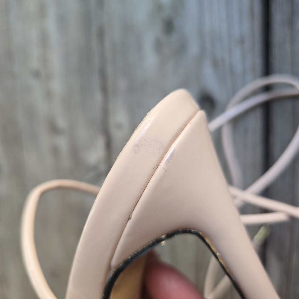 Lemonade Blush Pink Patent Strappy Ankle Tie Heels With Large Flower At Vamp - Picture 11 of 15